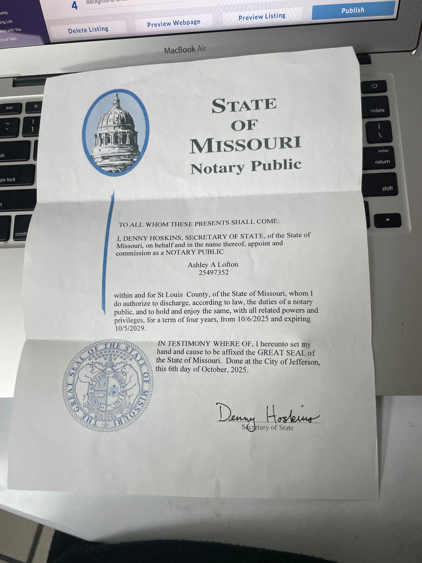 Missouri Notary Public commission certificate for Ashley A. Lofton, commission 25497352